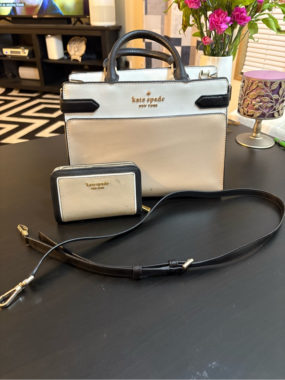 kate spade Cream and Black Leather Satchel with Matching Wallet